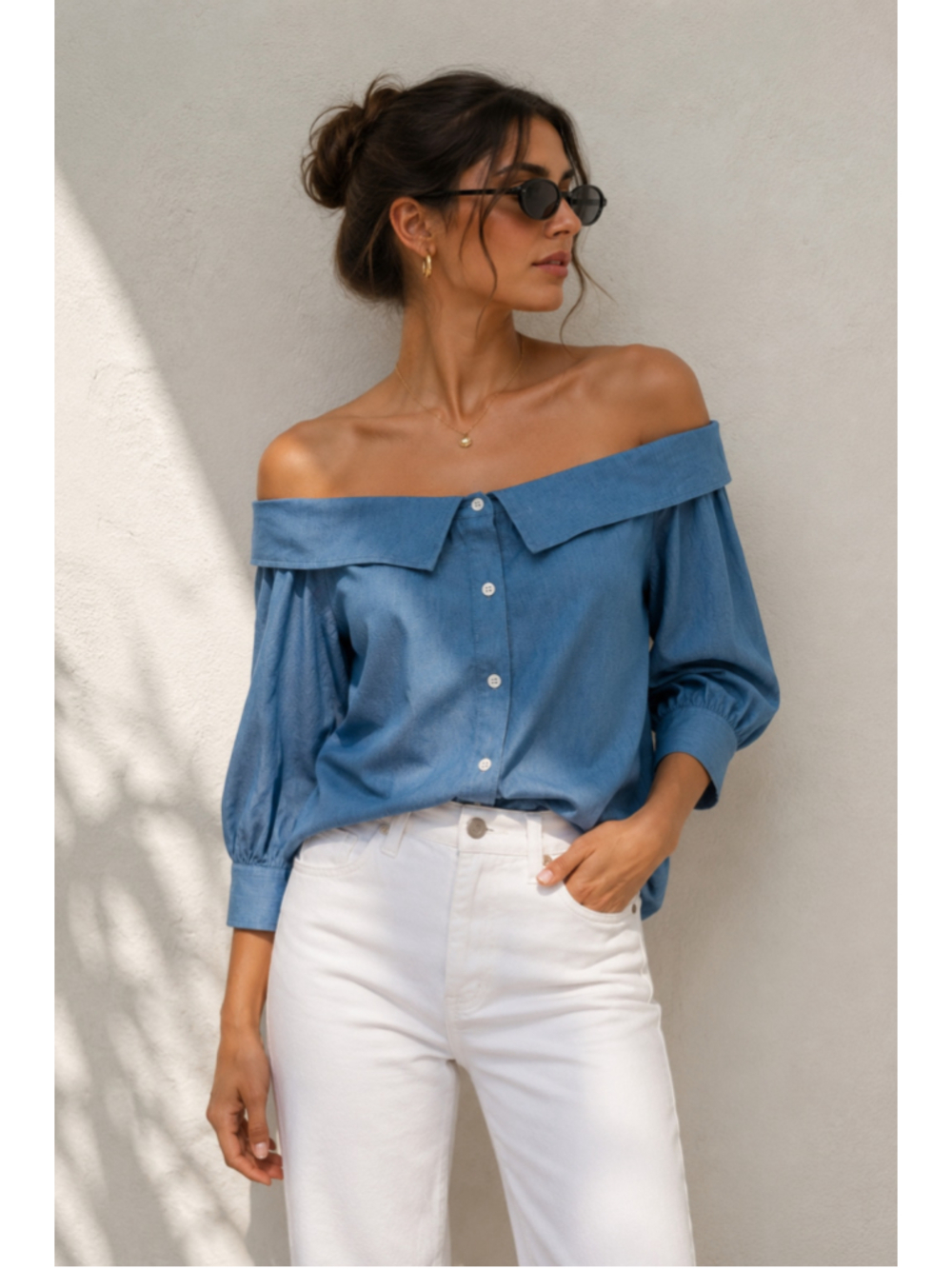 Veronica Beard Britta Chambray Off-Shoulder Button Front Blouse Blue Sz 6